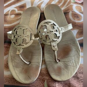 Tory Burch Gold Miller Sandals with Signature Medallion